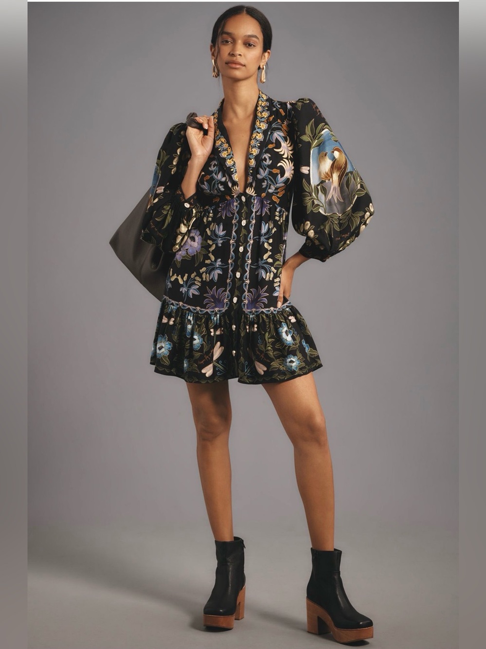 NWT FARM Rio Winter Garden Mini Dress XL Bird Floral Puff Sleeve Boho Dress $248 - Picture 3 of 16